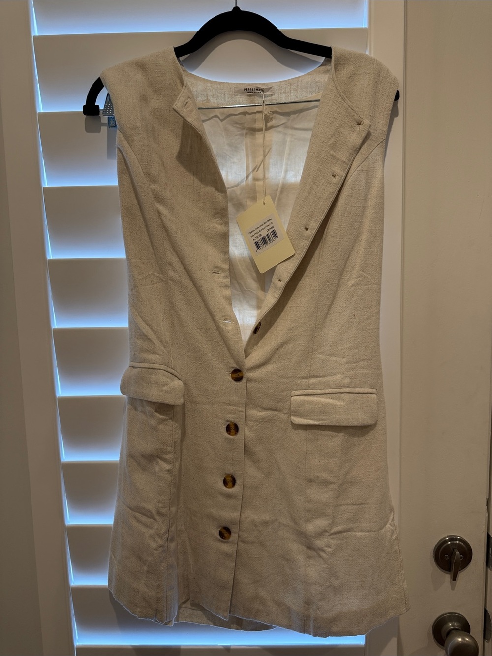Peppermayo Cream Linen-Blend Mini Dress with Button Front